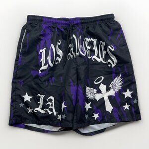 Romwe Mens Sz L Casual Los Angeles Black / Purple Swim Trunks Basketball Short